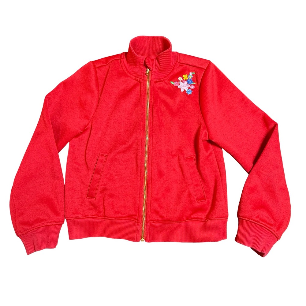 Janie and Jack Girls Cherry Red Floral Embroidered Zip Up Track Jacket Kids 6‎